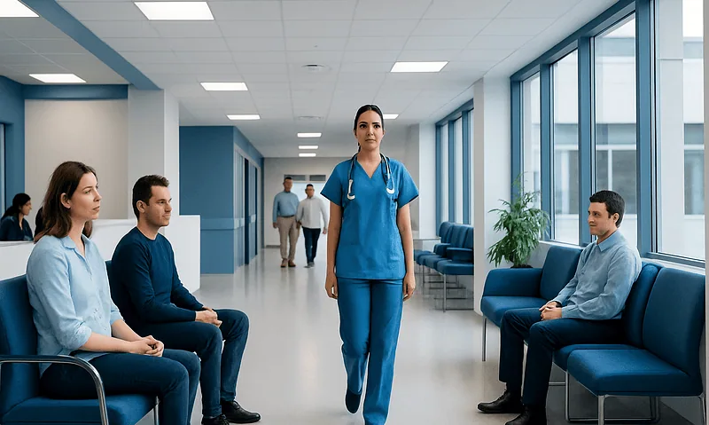 Healthcare professional walking in a modern hospital corridor with patients seated.