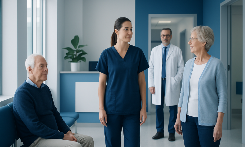 Senior patient consulting with healthcare professionals in a hospital setting.