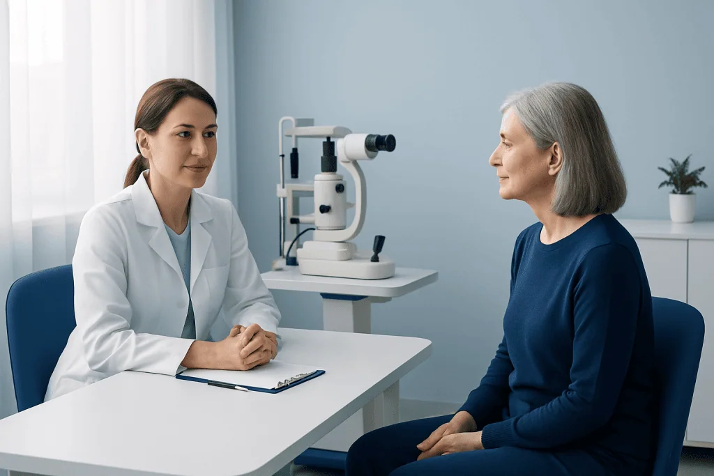 Ophthalmologist consulting an elderly patient in a clinic setting.