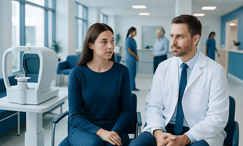 Patient consulting with ophthalmologist in modern clinic setting.
