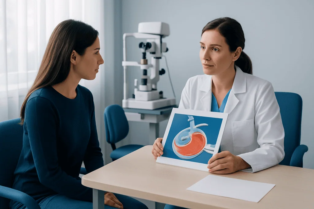 Ophthalmologist explains LASIK procedure to patient with eye model.