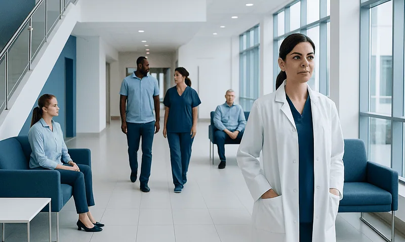 Healthcare professionals and patients in a modern hospital waiting area.