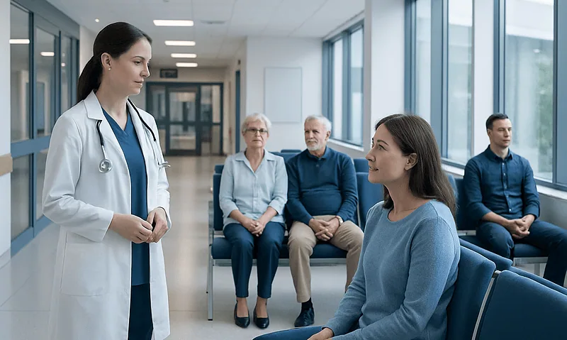 Doctor consulting with patient in hospital corridor with waiting room.