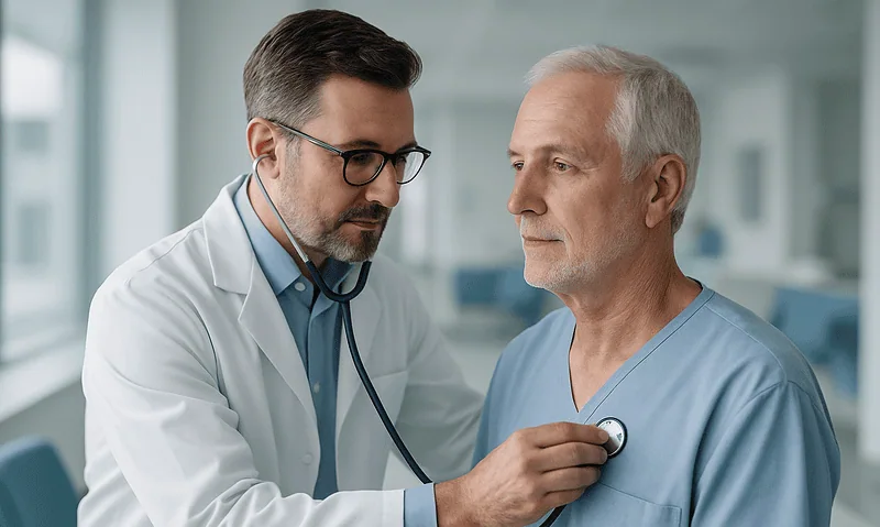 Doctor examining a senior male patient with a stethoscope at a hospital.