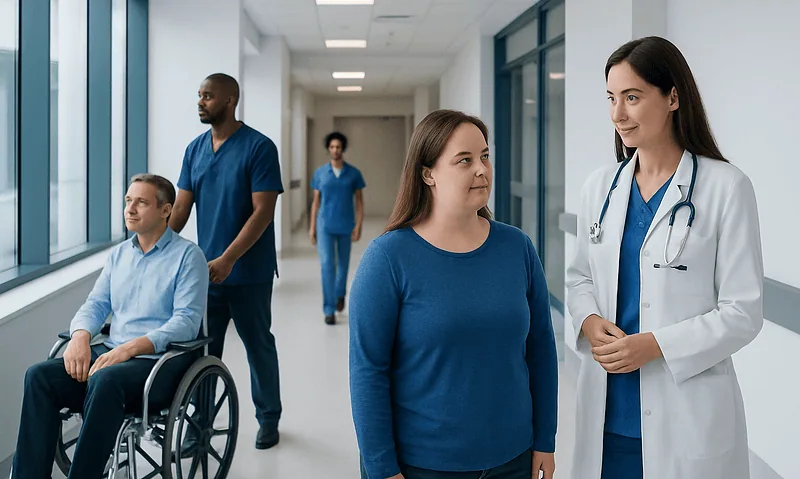 Medical team consulting with a patient in a hospital corridor.