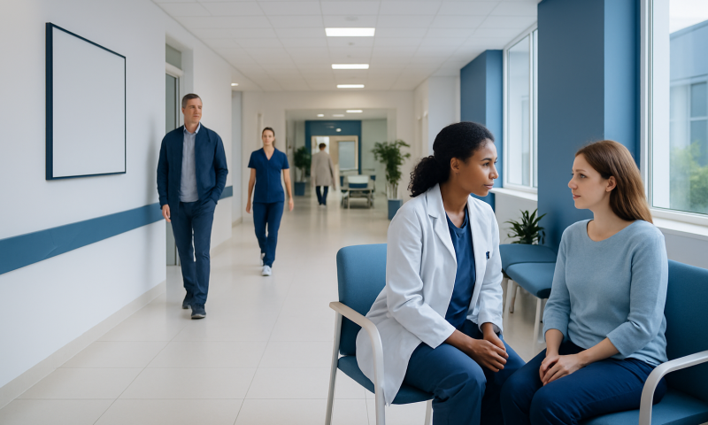 Doctor consulting with patient in hospital corridor.