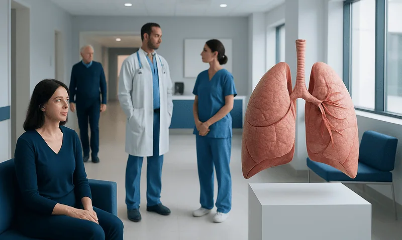 Medical professionals discussing lung health with a 3D lung model in a hospital setting.