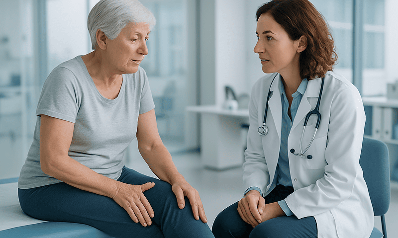 Doctor consulting elderly woman about leg cramps in a medical office.