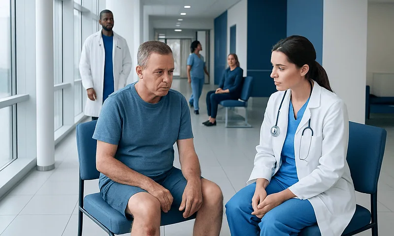 Doctor consulting male patient in hospital corridor.