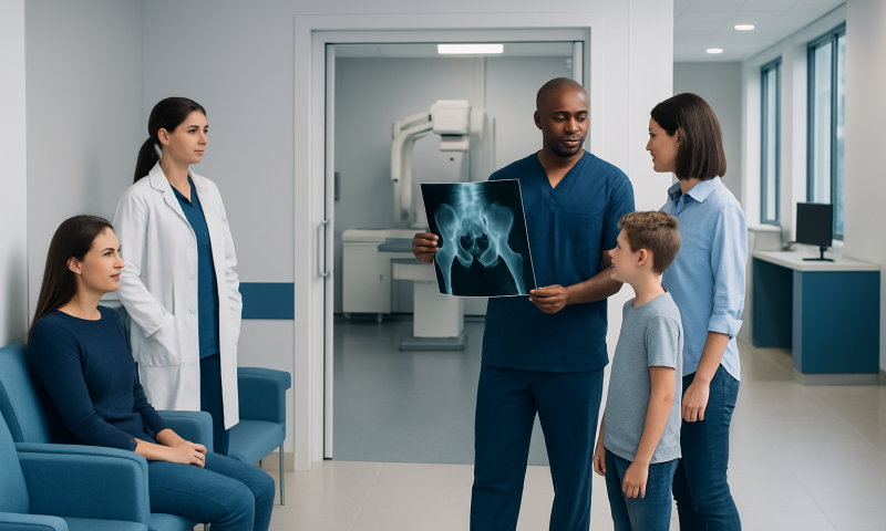 Doctor explains X-ray to young patient and family in hospital corridor.