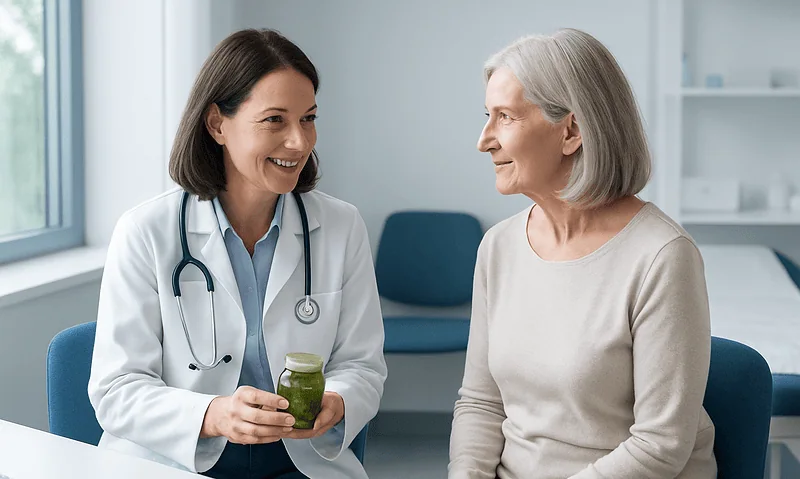 Doctor consulting with elderly patient in a medical office.