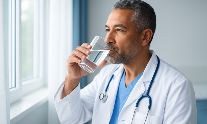 Doctor drinking water in a hospital setting for health and hydration.