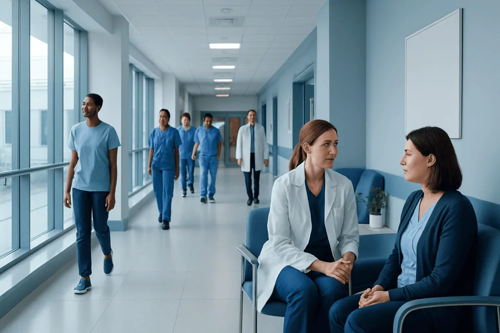 Lena Dunham Hysterectomy: Procedure, Recovery and Results 1 Healthcare professionals and nurses in a modern hospital corridor.