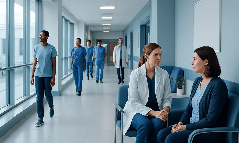 Healthcare professionals and nurses in a modern hospital corridor.