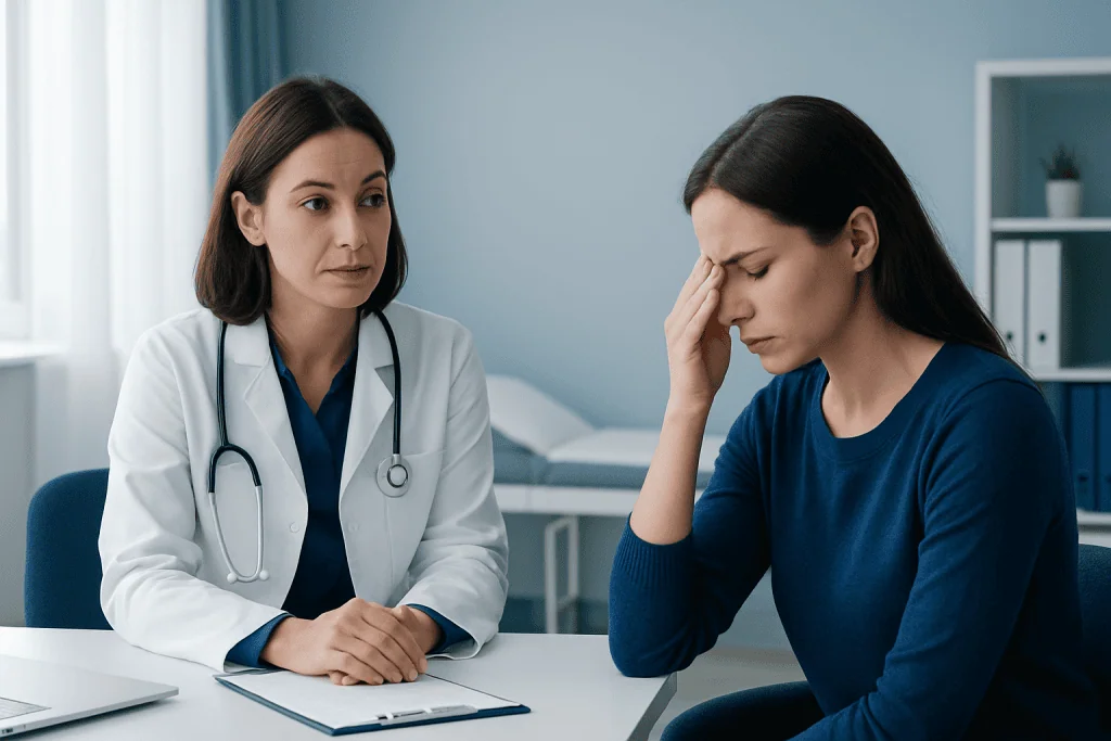 Doctor consulting with a patient experiencing headache and eye discomfort.