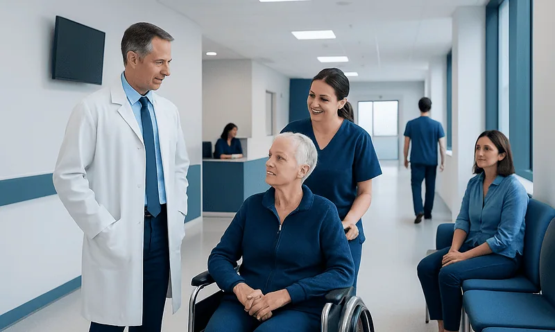 Hospital staff consulting with a patient in a wheelchair in a modern hospital corridor.
