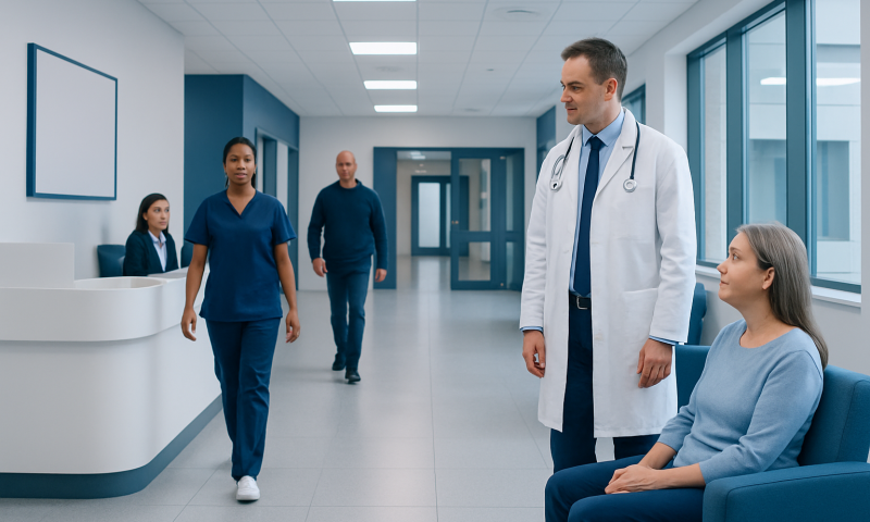 Medical team consulting patient in hospital corridor.