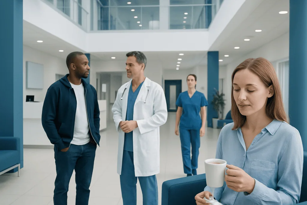 Taking Levothyroxine With Coffee: Timing Matters 1 Patients and doctors in a modern hospital lobby.