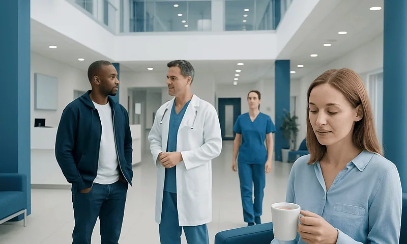 Patients and doctors in a modern hospital lobby.