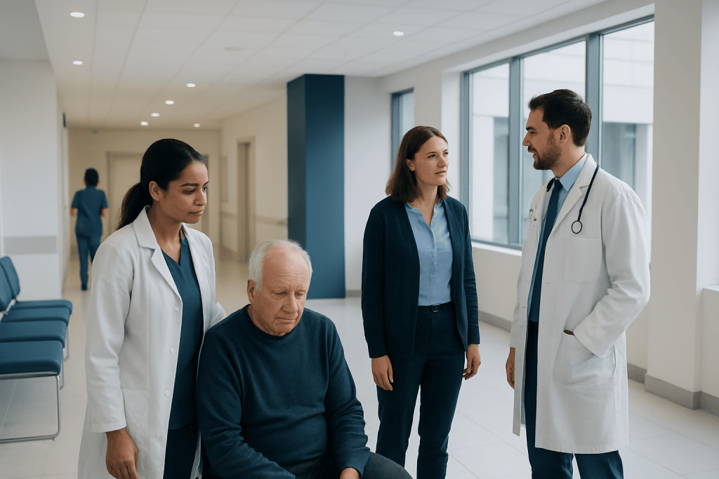 Lewy Body Dementia Fast Decline — Explained by Medical Evidence, Not Myths 1 Medical team consulting with elderly patient in hospital corridor.
