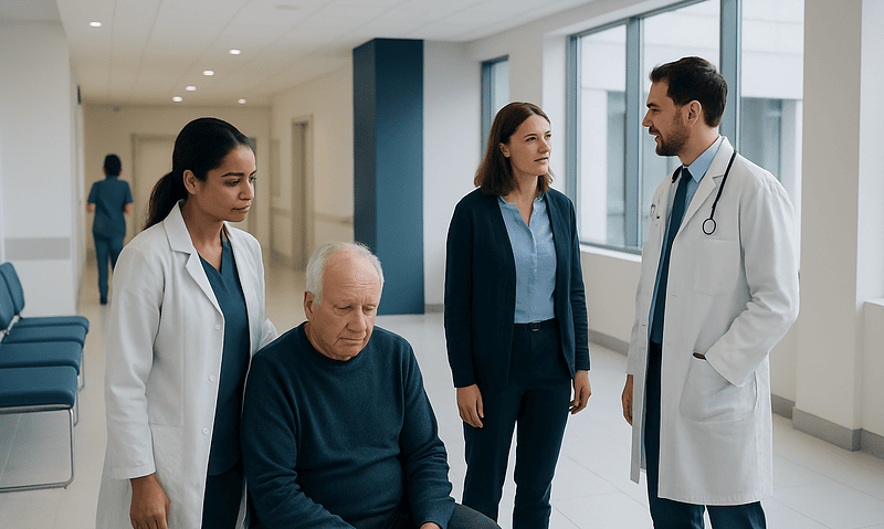 Medical team consulting with elderly patient in hospital corridor.