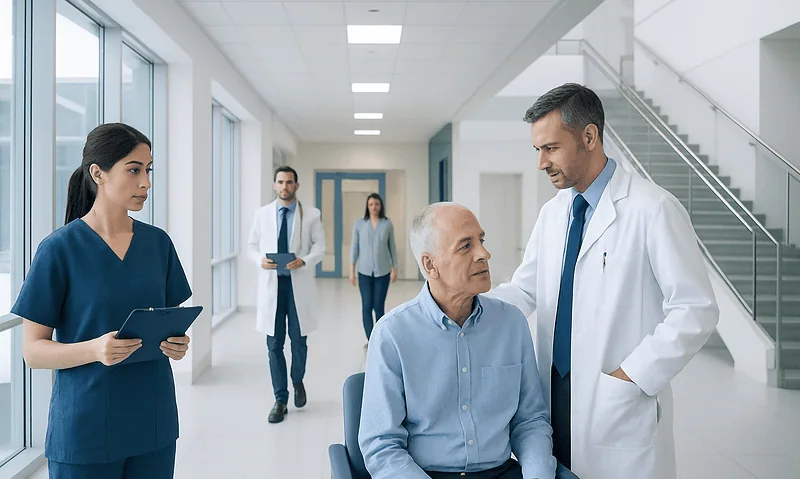 Medical team consulting with elderly patient in hospital corridor.