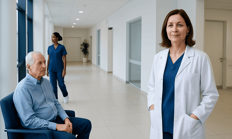 Life Expectancy after Thyroid Removal: Procedure, Recovery and Results 18 Doctor and patient in a hospital corridor, healthcare setting.