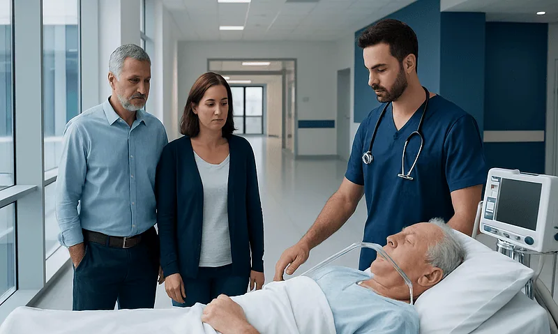 Medical team discusses patient care in hospital corridor with patient on bed.