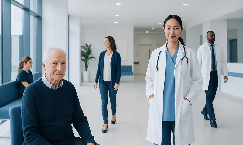 Healthcare professionals and patient in a modern hospital lobby.