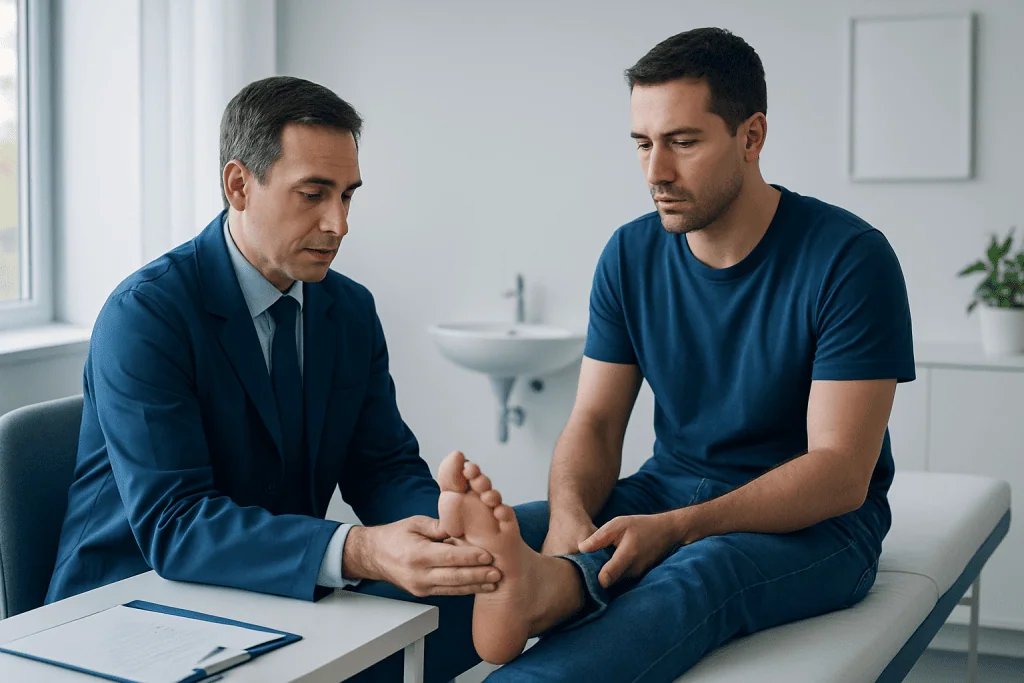 Doctor examining patient's foot in a clinical setting.