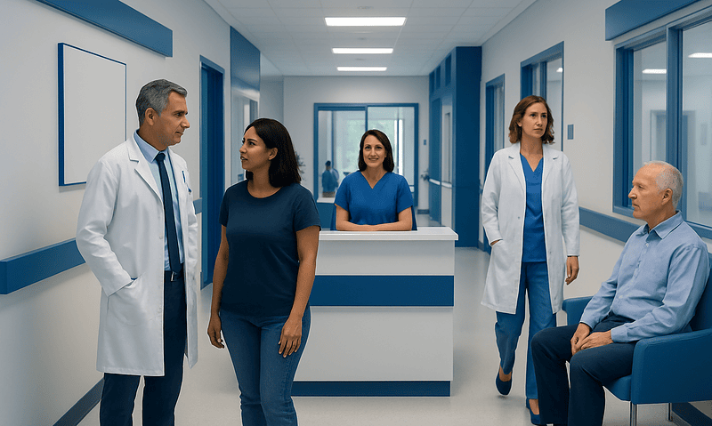 Health Library 7 Medical team consulting in hospital corridor with patient.