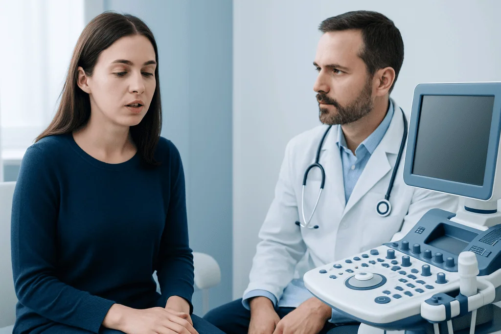 Doctor consulting with a woman patient in a clinical setting.