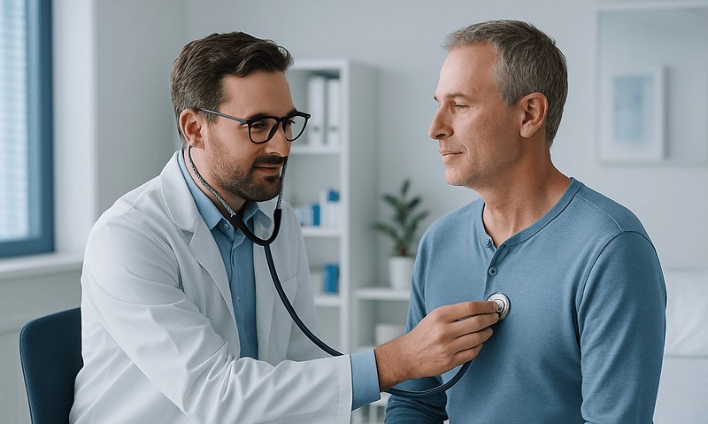 Doctor examining a middle-aged male patient with a stethoscope in a clinic.