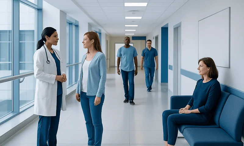 Healthcare professionals and patient in hospital corridor.