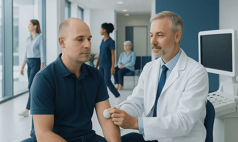 Doctor performs ultrasound examination on patient in hospital setting.