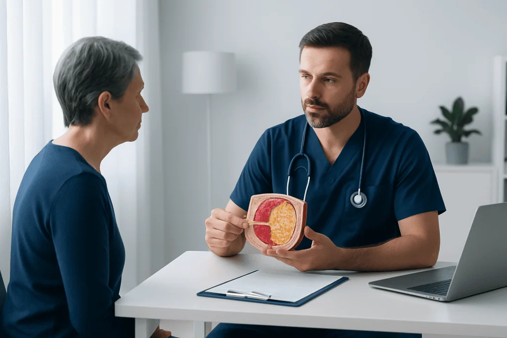 Doctor explaining liposarcoma treatment to patient with tumor model.