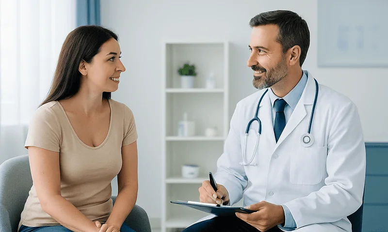 Doctor consulting with a female patient in a modern clinic setting.