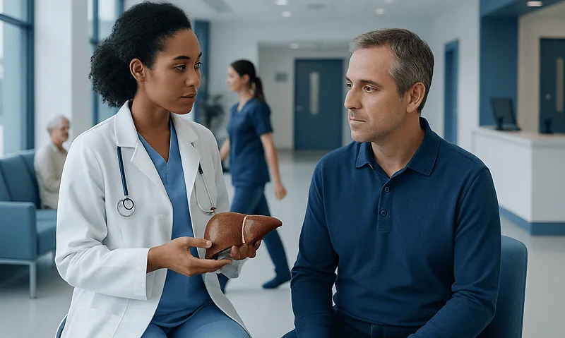 Doctor explaining liver model to patient in hospital corridor.