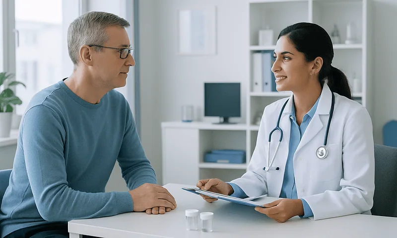 Doctor consulting with a patient in a modern medical office.