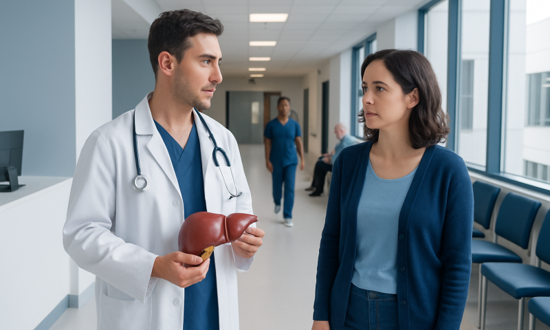 Doctor explaining liver health to a patient in hospital corridor.