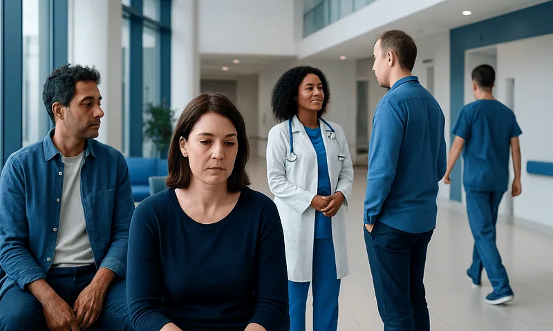 Patients waiting in a hospital lobby with medical staff nearby.