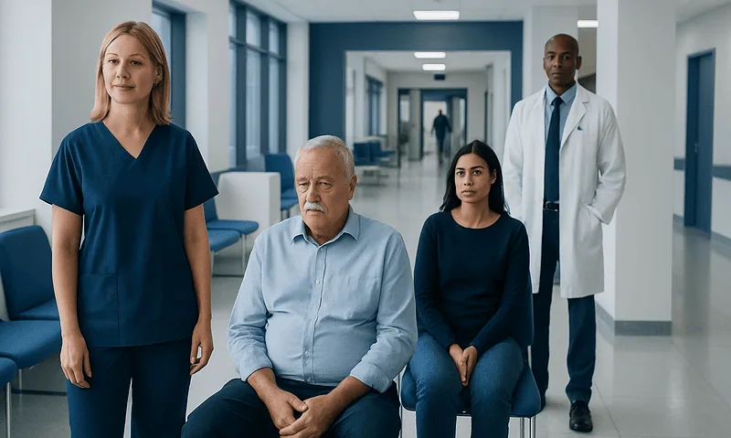 Medical team with patient in hospital corridor at Acibadem Hospitals Group.