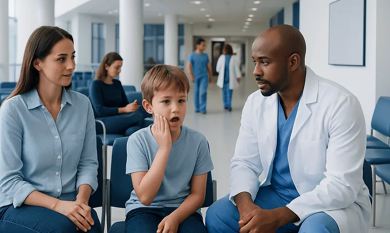 Pediatric dentist examines child's loose tooth in a modern clinic.