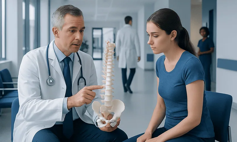 Doctor explaining spinal anatomy to a patient in a hospital corridor.