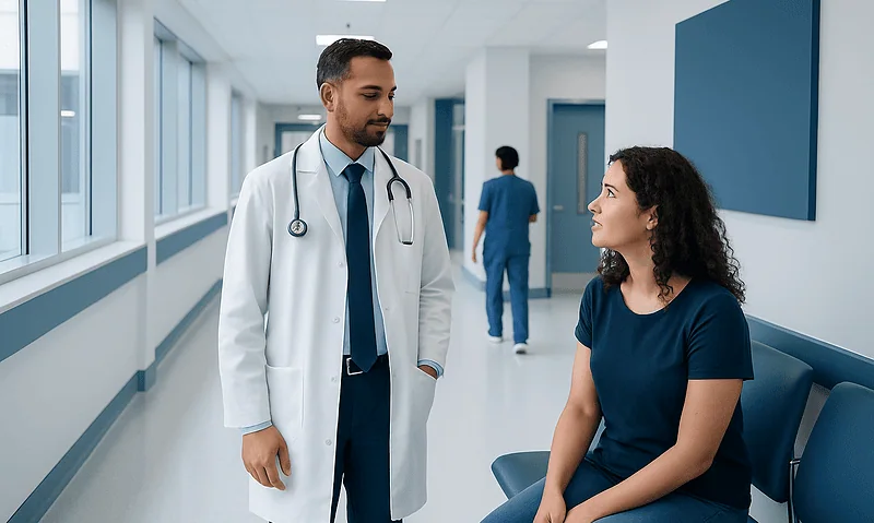Doctor consulting a patient in a modern hospital corridor.
