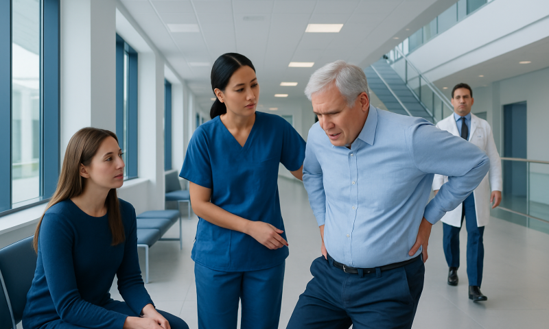 Doctor examines patient with back pain in hospital corridor.