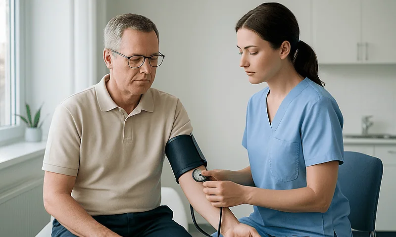 Healthcare professional measuring blood pressure of an elderly man in a clinic.