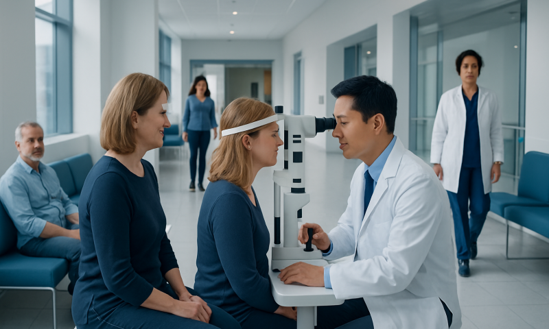 Patient undergoing eye examination at Acibadem Hospital with medical staff.