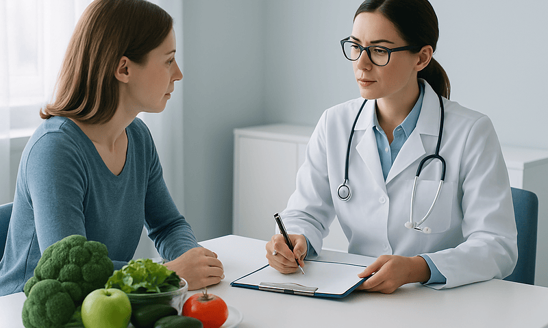 Doctor consulting patient about iron deficiency and low ferritin levels.