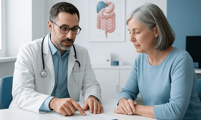 Doctor consulting with an elderly woman in a medical office.